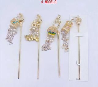 Kanzashi Dourado com Pérolas e led (dúzia)